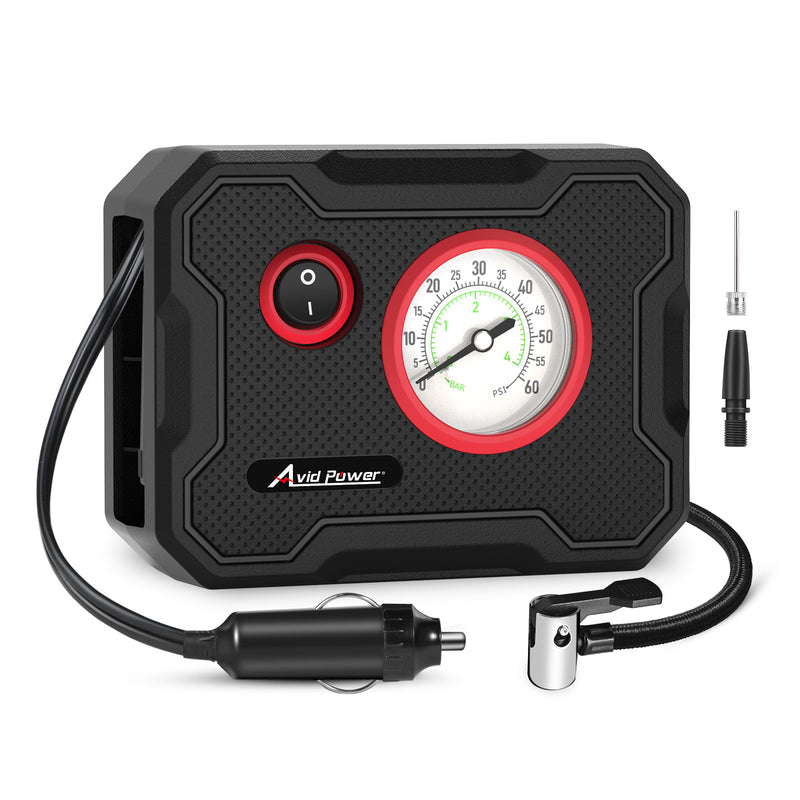 AVID POWER 12V Tire Inflator Portable Air Compressor, Portable Car Air Pump w/ 60 PSI Display Gauge and LED Light, Air Pump for Car Tires, Bike, Motorcycle, Compact, Lightweight (Red)