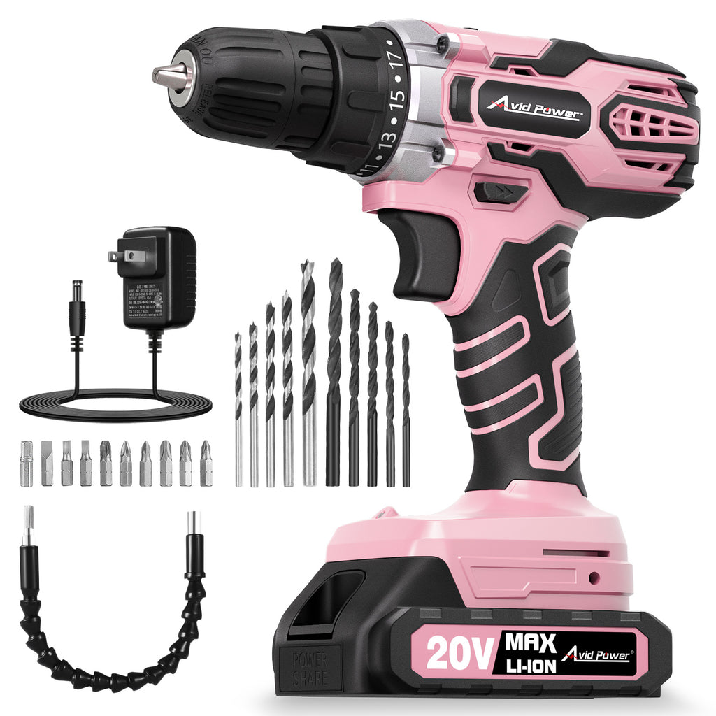 AVID POWER 20V MAX Power Drill Kit, Cordless Drill Set with Battery and Charger, 2 Variable Speed, 3/8-Inch Keyless Chuck, 19 Position and 22pcs Bits - Pink