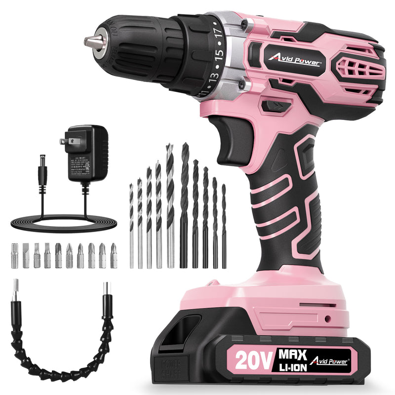 AVID POWER 20V MAX Power Drill Kit, Cordless Drill Set with Battery and Charger, 2 Variable Speed, 3/8-Inch Keyless Chuck, 19 Position and 22pcs Bits - Pink