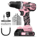 AVID POWER 20V MAX Power Drill Kit, Cordless Drill Set with Battery and Charger, 2 Variable Speed, 3/8-Inch Keyless Chuck, 19 Position and 22pcs Bits - Pink