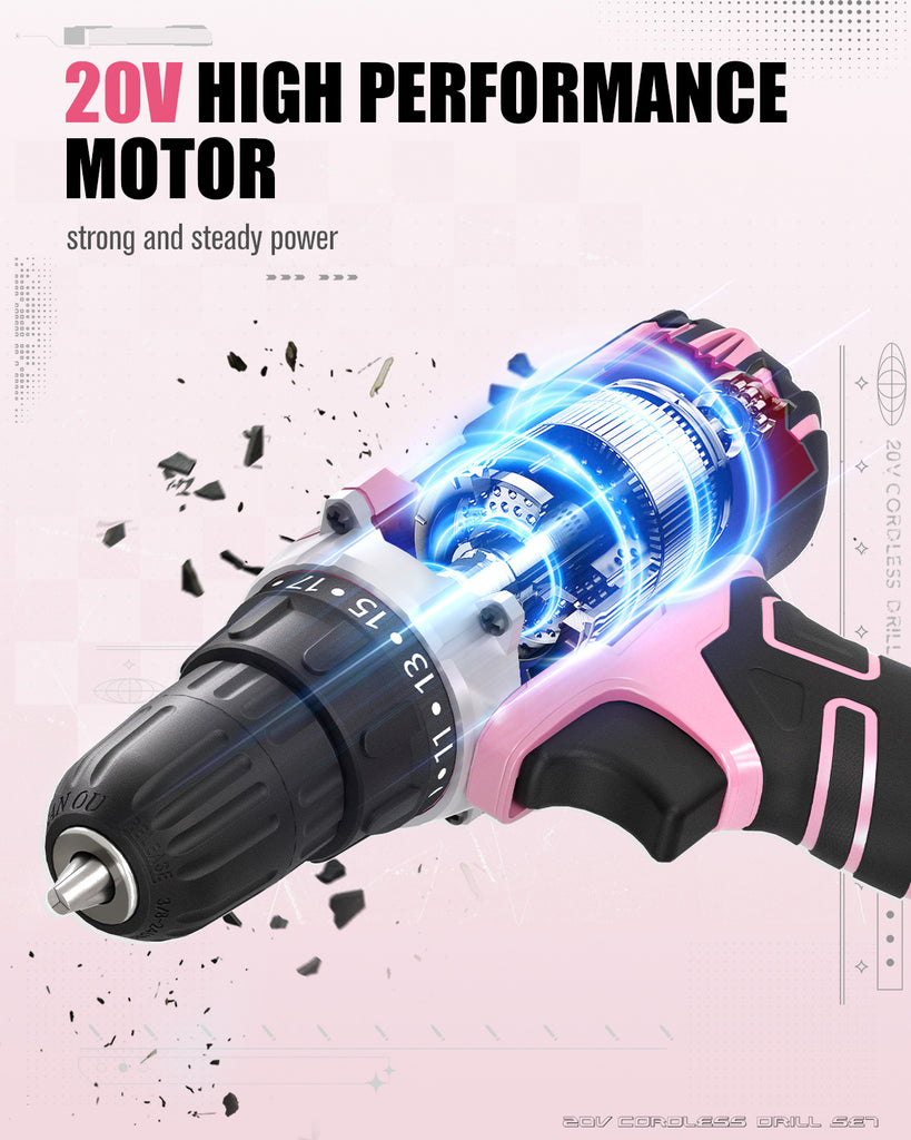 AVID POWER 20V MAX Power Drill Kit, Cordless Drill Set with Battery and Charger, 2 Variable Speed, 3/8-Inch Keyless Chuck, 19 Position and 22pcs Bits - Pink