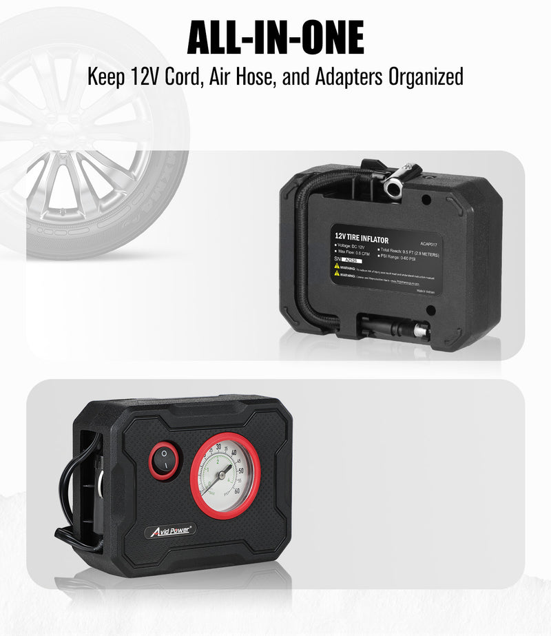 AVID POWER 12V Tire Inflator Portable Air Compressor, Portable Car Air Pump w/ 60 PSI Display Gauge and LED Light, Air Pump for Car Tires, Bike, Motorcycle, Compact, Lightweight (Red)