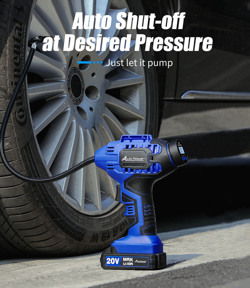 AVID POWER Tire Inflator Portable Air Compressor,20V Cordless Tire Pump, Rechargeable Air Pump for Car Tires and other Inflatables (Blue)