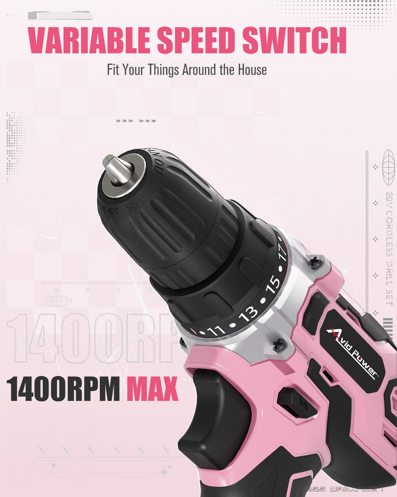 AVID POWER 20V MAX Power Drill Kit, Cordless Drill Set with Battery and Charger, 2 Variable Speed, 3/8-Inch Keyless Chuck, 19 Position and 22pcs Bits - Pink