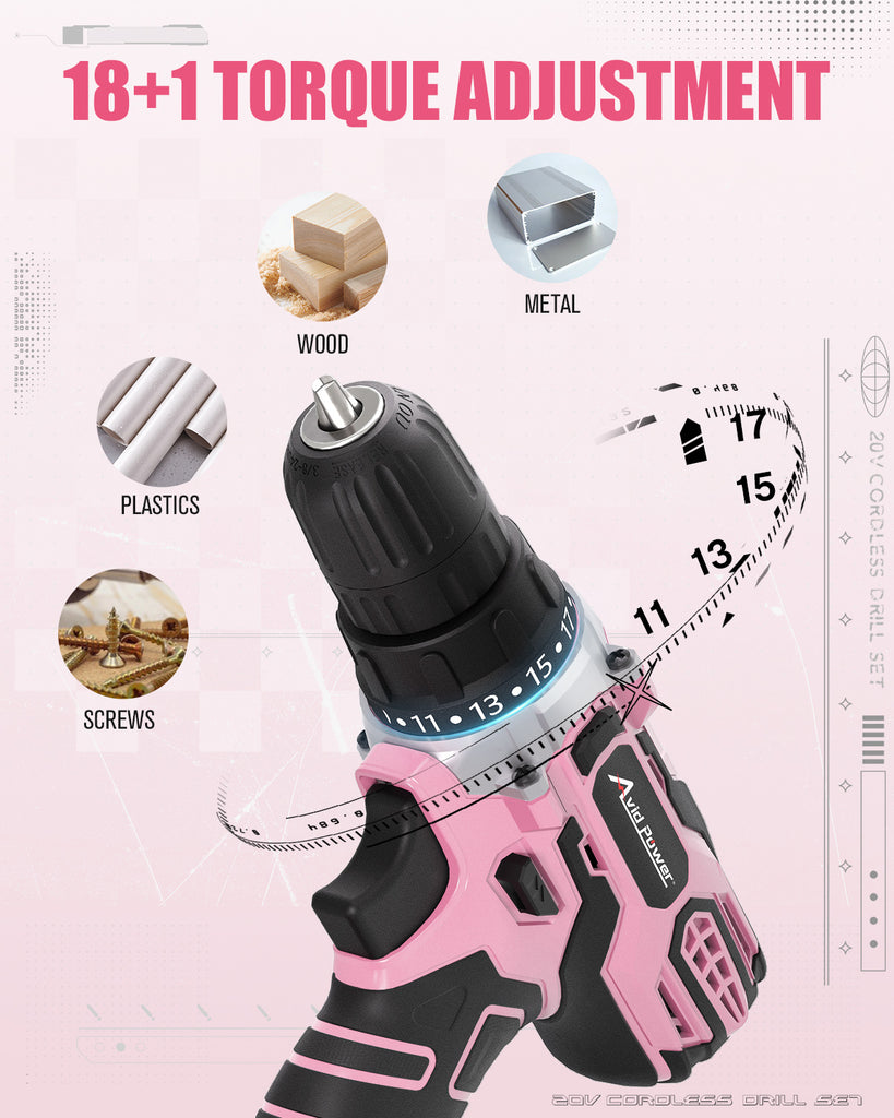 AVID POWER 20V MAX Power Drill Kit, Cordless Drill Set with Battery and Charger, 2 Variable Speed, 3/8-Inch Keyless Chuck, 19 Position and 22pcs Bits - Pink