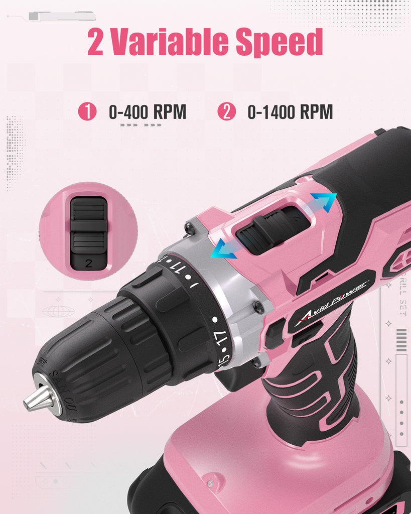 AVID POWER 20V MAX Power Drill Kit, Cordless Drill Set with Battery and Charger, 2 Variable Speed, 3/8-Inch Keyless Chuck, 19 Position and 22pcs Bits - Pink