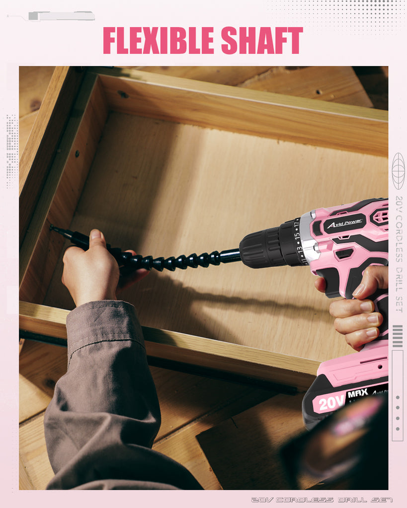 AVID POWER 20V MAX Power Drill Kit, Cordless Drill Set with Battery and Charger, 2 Variable Speed, 3/8-Inch Keyless Chuck, 19 Position and 22pcs Bits - Pink