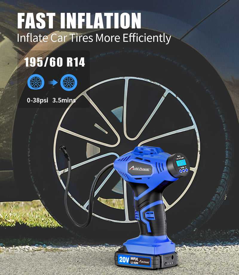 AVID POWER Cordless Tire Inflator Portable Air Compressor, 20V Rechargeable Battery Powered Car Tire Pump w/ 12V DC Adapter, Digital Pressure Gauge, Air Pump for Car, Bike, Motorcycle, Ball (Blue)