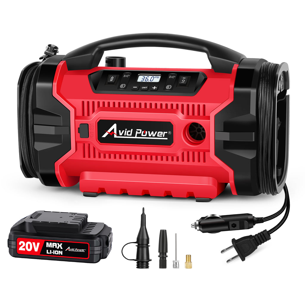 Avid Power Tire Inflator Portable Air compressor, 3 Power Source (110V AC,12V DC, 20V Battery), Car Air Pump w/Inflation & Deflation Modes, Triple Power Tire Inflator w/Dual Powerful Motors