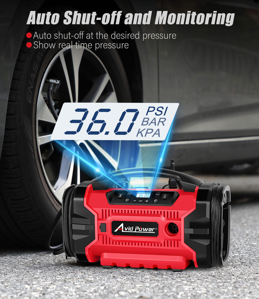 Avid Power Tire Inflator Portable Air compressor, 3 Power Source (110V AC,12V DC, 20V Battery), Car Air Pump w/Inflation & Deflation Modes, Triple Power Tire Inflator w/Dual Powerful Motors