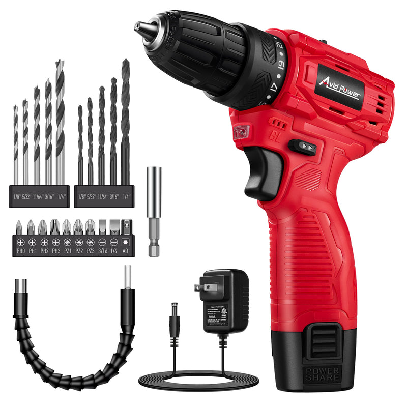AVID POWER 12V Brushless Power Drill Set, 2-Speed Control, 3/8-Inch Keyless Chuck & 25+1 Position, Electric Drill Cordless Driver Kit with 2000mAh Battery, Charger and 22pcs Accessories