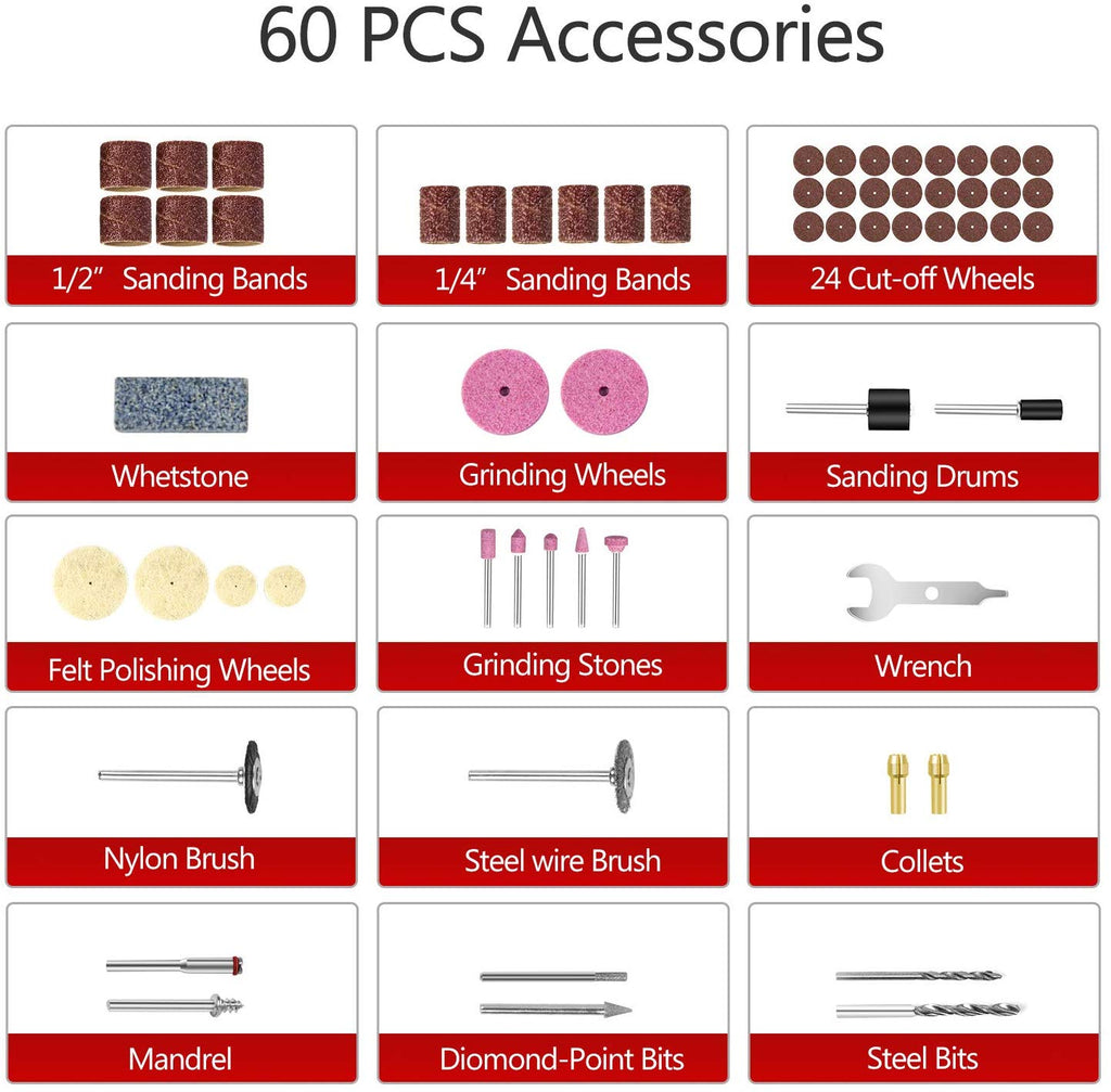8V Li-ion Cordless Micro Rotary Tool with Five-Speed, 4 Front LED Lights and 60pcs Accessories Kit for Carving, Engraving, Cutting