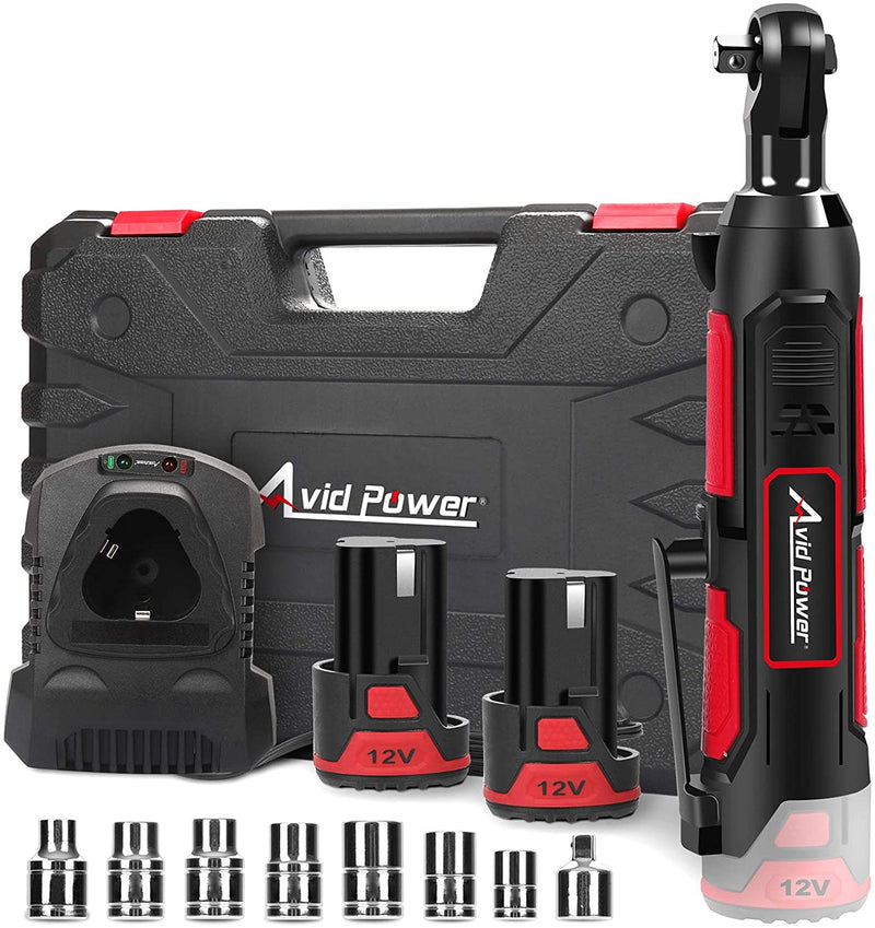 Cordless Electric Ratchet Wrench, 3/8" 50N.m (37 Ft-lbs) 12V Power Ratchet Wrench Kit w/ 2-Pack 2.0Ah Lithium-Ion Batteries, One Hour Fast Charger, Variable Speed and 8 Sockets by Avid Power