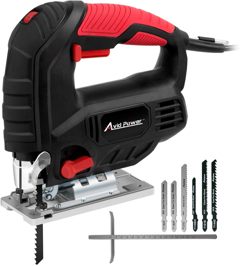 Jigsaw, Avid Power 7.0A 3000 SPM Jig Saw with Laser Guide, Variable Speed, Bevel Angle (0°-45°), 6PCS Blades and Scale Ruler