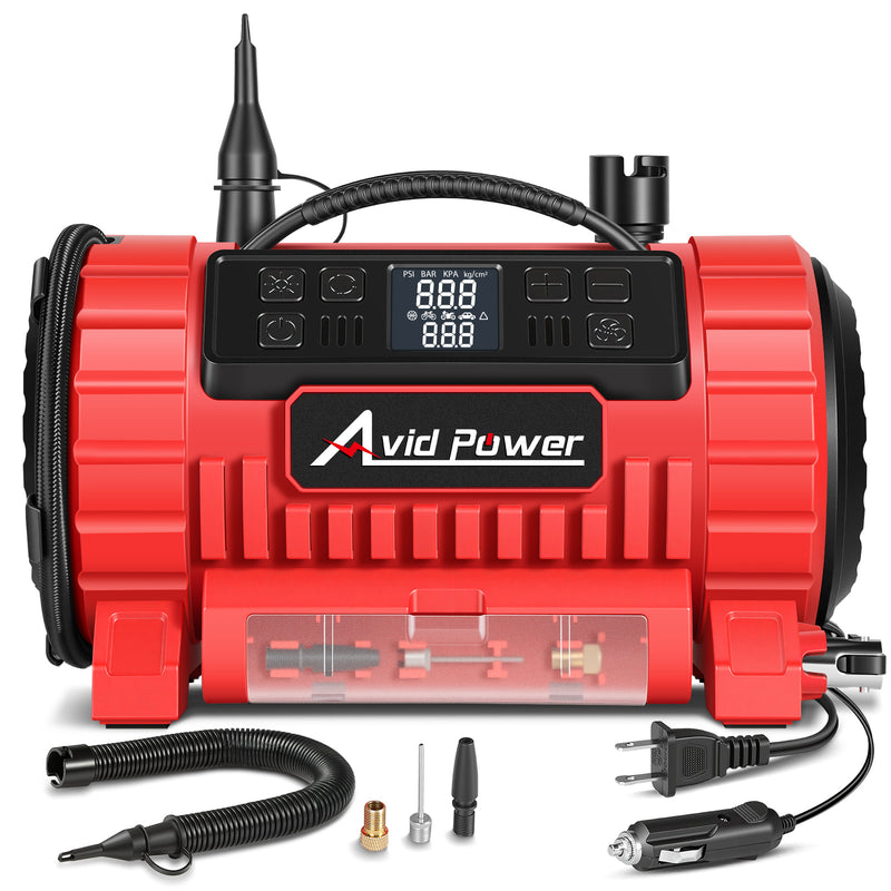 AVID POWER Tire Inflator Portable Air Compressor, 12V DC/110V AC Car Tire Pump with Inflation and Deflation, 5 Preset Modes, Digital LCD Gauge for Car Tires, Bike, and Air Mattress (Dark Red)