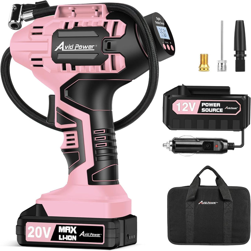AVID POWER Cordless Tire Inflator Portable Air Compressor, 20V Tire Pump Auto Shut-Off, Rechargeable Battery & 12V DC Adapter, Digital Pressure Gauge, Fast 30LPM for Car/Motorcycle/Bike/Ball, Pink
