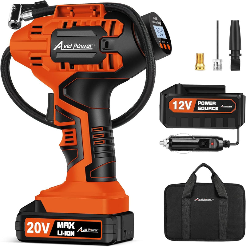 AVID POWER Cordless Tire Inflator Portable Air Compressor 20V Auto Shut-Off, Tire Pump, Rechargeable Battery & 12V DC Adapter, Digital Gauge, Fast 30 LPM Inflation for Car/Motorcycle/Bike/Ball, Orange
