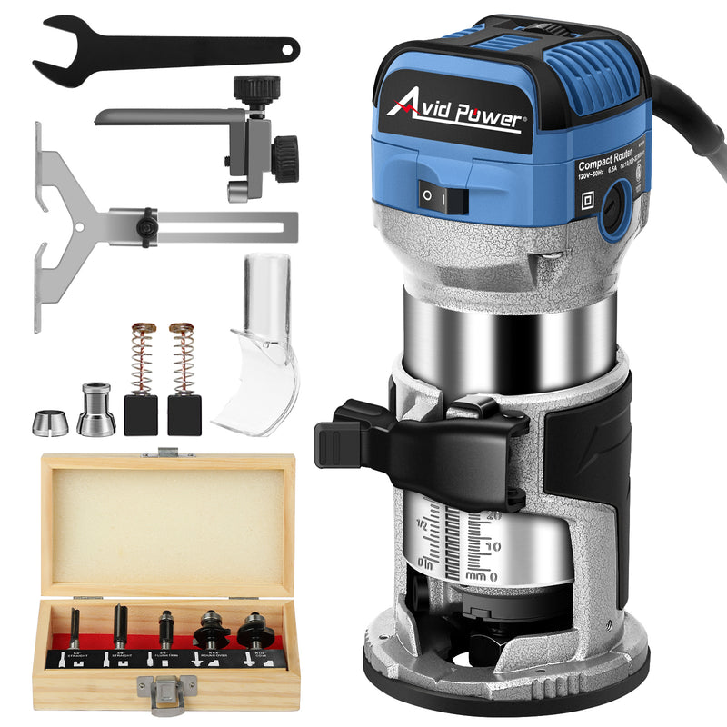 AVID POWER 6.5 Amp 1.25 HP Compact Router Tools for Woodworking, Fixed Base Wood Router with Trim Router Bits, 6 Variable Speeds, Edge Guide, Roller Guide, Dust Hood (Blue, 65mm)