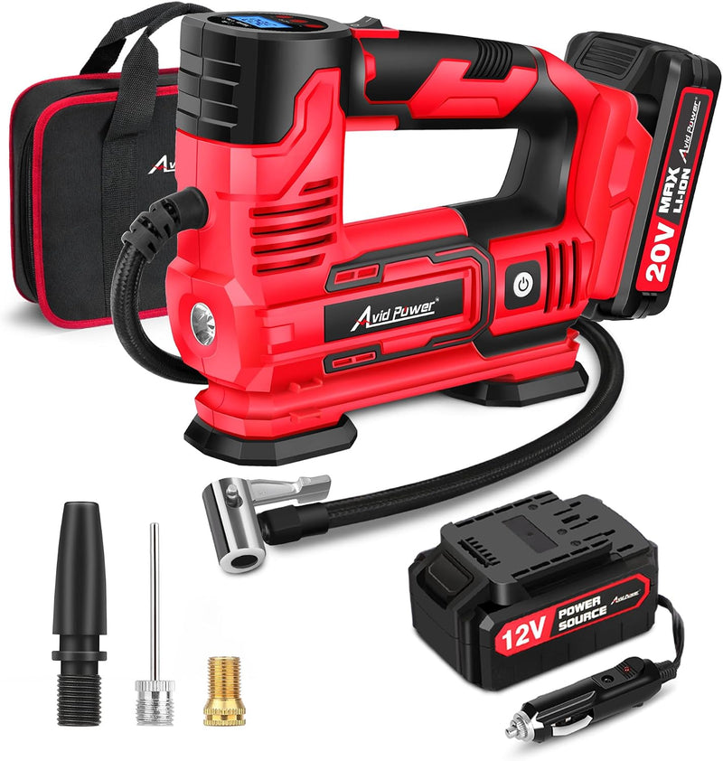 AVID POWER Tire Inflator Portable Air Compressor, 20V Cordless Car Tire Pump with Rechargeable Li-ion Battery, 12V Car Power Adapter, Digital Pressure Gauge