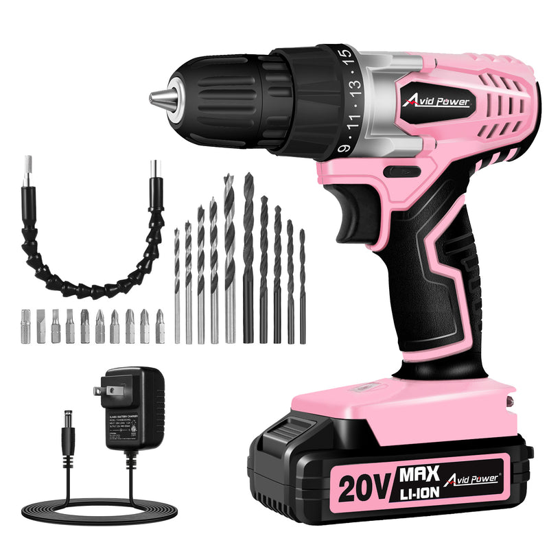 AVID POWER 20V Cordless Pink Power Drill Driver Set Lightweight for Women