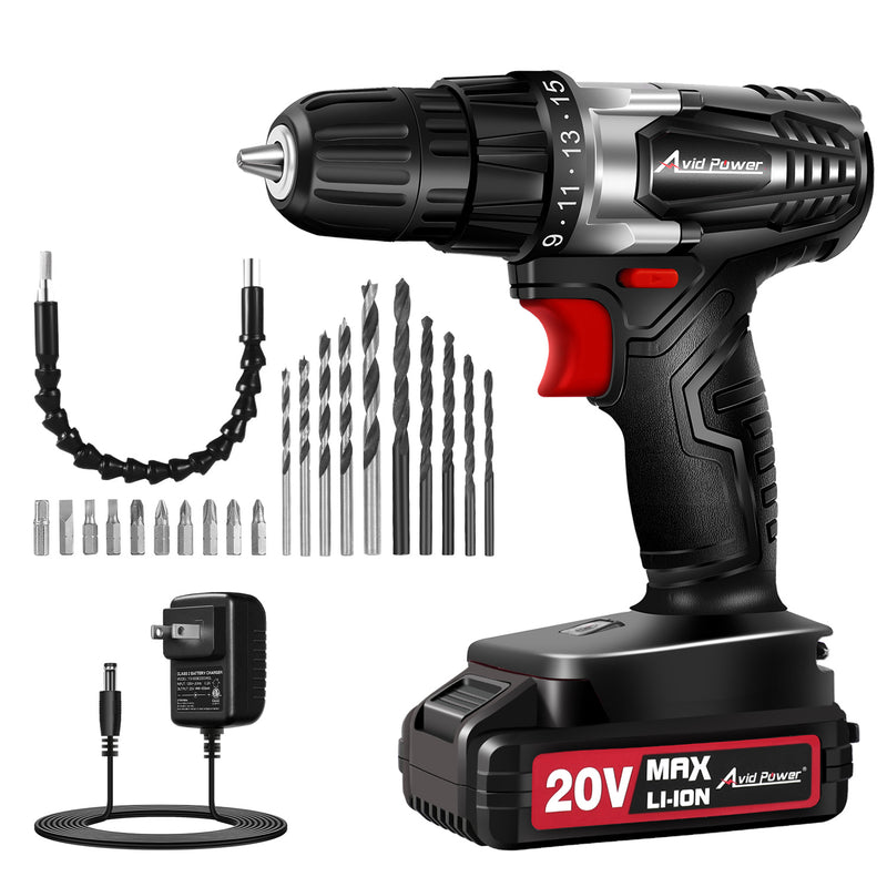 AVID POWER 20V Cordless Drill Set for Home DIY & Beginner Projects - Lightweight Power Drill with Battery & 22 Accessories, 3/8" Keyless Chuck, Ideal for Furniture Assembly & Household Repairs (Black)