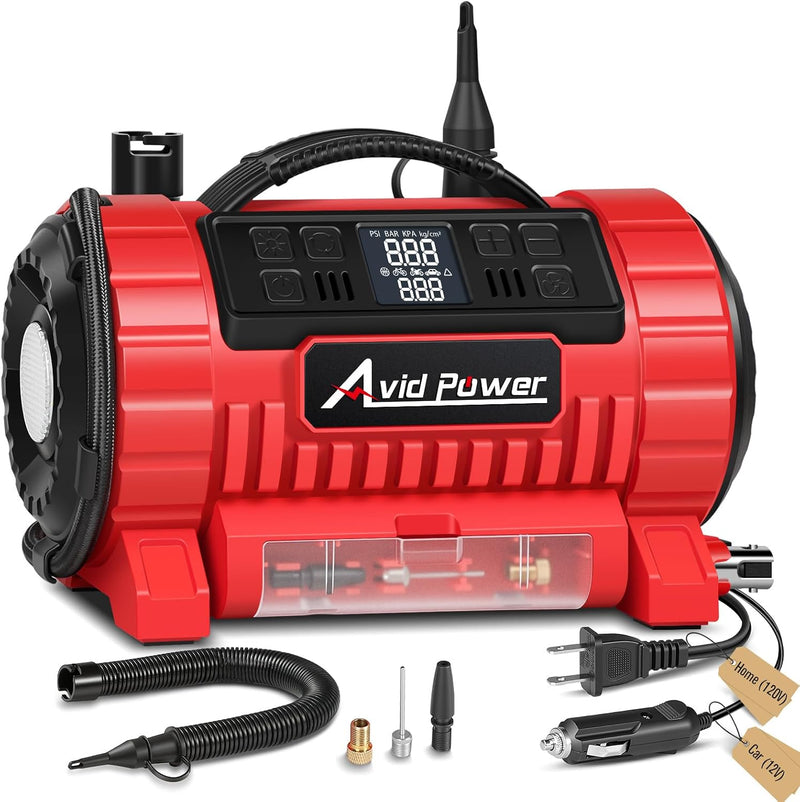 AVID POWER Tire Inflator Portable Air Compressor, 12V DC/110V AC Car Tire Pump with Inflation and Deflation, 5 Preset Modes, Digital LCD Gauge for Car Tires, Bike, and Air Mattress (Dark Red)