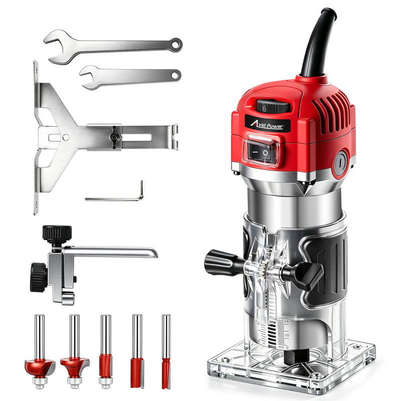 AVID POWER Wood Router Tool 800W 6.5 Amp 1.25 HP Compact Router with 6 Variable Speeds for Woodworking - 5 Trim Bits, Fix Base, Edge Guide and Roller Guide - Red