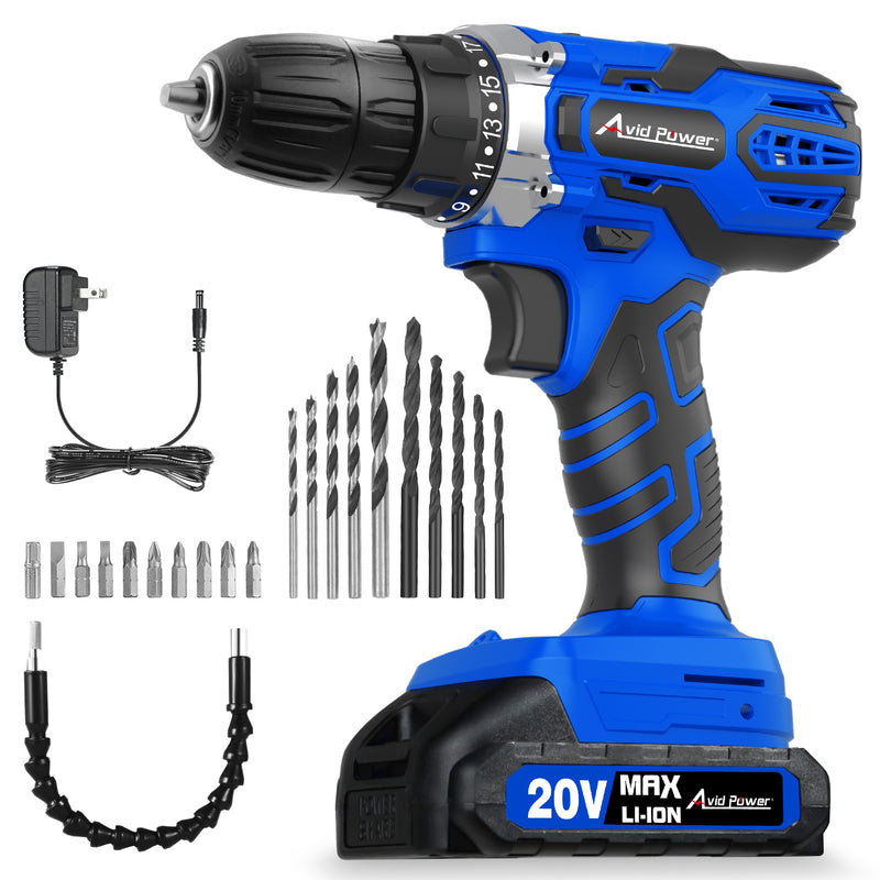AVID POWER 20V MAX Power Drill Kit, Cordless Drill Set with Battery and Charger, 2 Variable Speed, 3/8-Inch Keyless Chuck, 19 Position and 22pcs Bits - Blue