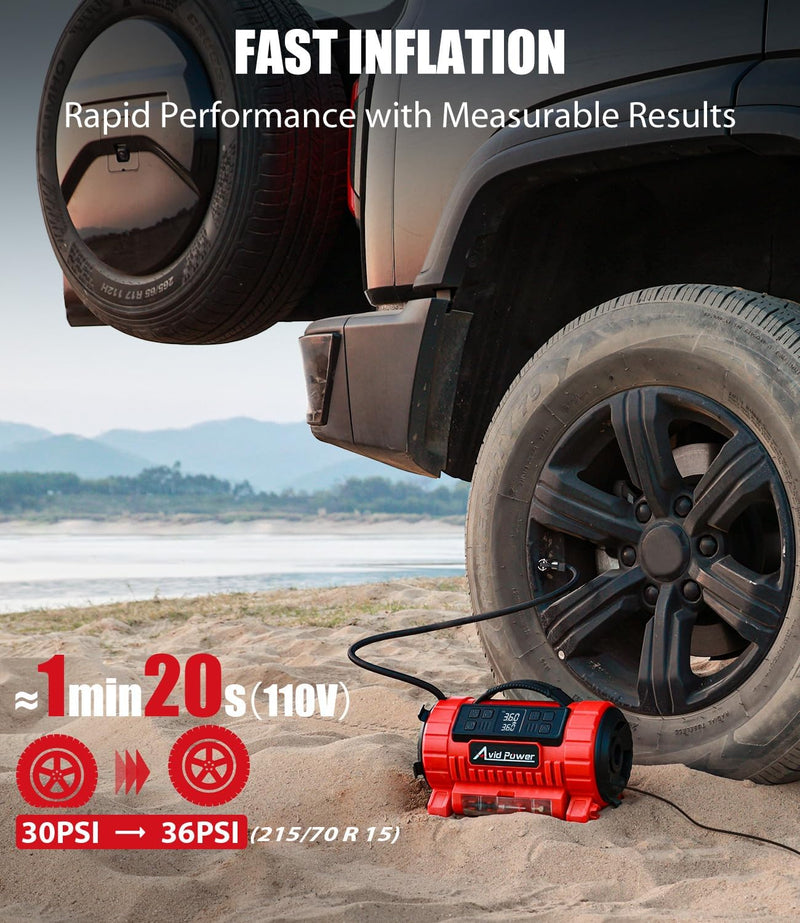 AVID POWER Tire Inflator Portable Air Compressor, 12V DC/110V AC Car Tire Pump with Inflation and Deflation, 5 Preset Modes, Digital LCD Gauge for Car Tires, Bike, and Air Mattress (Dark Red)
