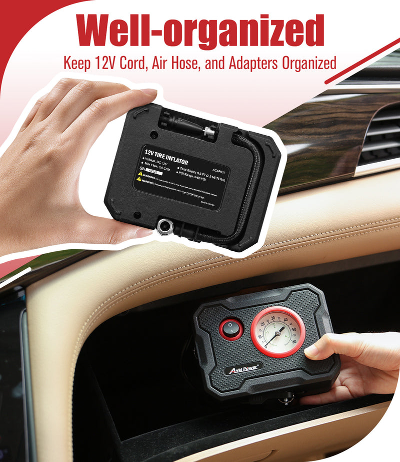 AVID POWER 12V Tire Inflator Portable Air Compressor, Portable Car Air Pump w/Display Gauge & LED Light, Air Pump for Car Tires, Motorcycles, Bicycles – 9.5Ft Cord, Ultra-compact