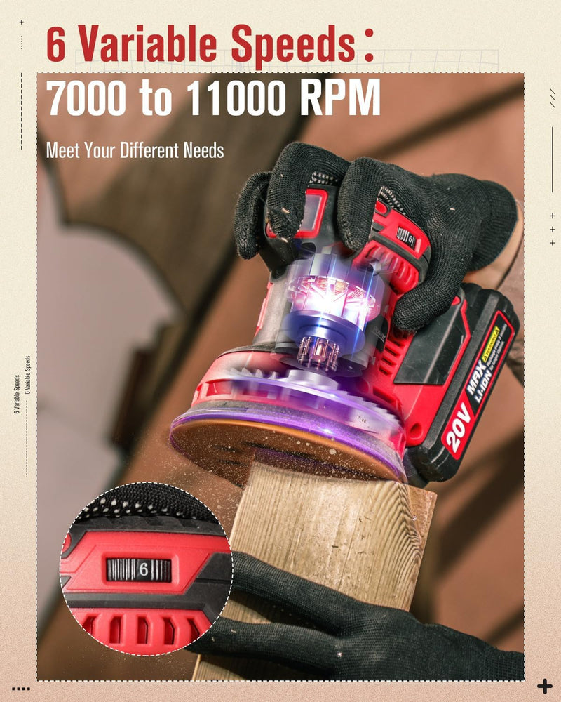 AVID POWER 20V Cordless Random Orbital Sander Tool 5”, 6 Variable Speeds Battery Sander, 7000-11000 RPM, 2.0Ah Battery, Charger, 30 Pcs Sandpapers, Dust Collection Bag, Woodworking, Paint Removal