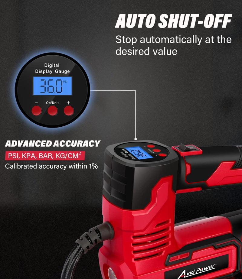 AVID POWER Tire Inflator Portable Air Compressor, 20V Cordless Car Tire Pump with Rechargeable Li-ion Battery, 12V Car Power Adapter, Digital Pressure Gauge