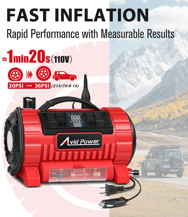 AVID POWER Tire Inflator Portable Air Compressor, 12V DC/110V AC Car Tire Pump with Inflation and Deflation, 5 Preset Modes, Digital LCD Gauge for Car Tires, Bike, and Air Mattress (Dark Red)