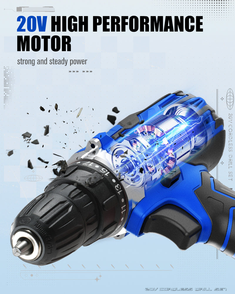 AVID POWER 20V MAX Power Drill Kit, Cordless Drill Set with Battery and Charger, 2 Variable Speed, 3/8-Inch Keyless Chuck, 19 Position and 22pcs Bits - Blue