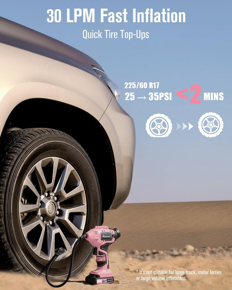 AVID POWER Cordless Tire Inflator Portable Air Compressor, 20V Tire Pump Auto Shut-Off, Rechargeable Battery & 12V DC Adapter, Digital Pressure Gauge, Fast 30LPM for Car/Motorcycle/Bike/Ball, Pink