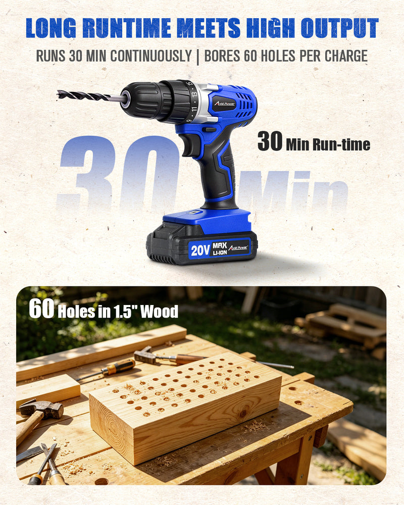 AVID POWER 20V Cordless Electric Drill Set 3/8“ Power Driver Kit for DIY