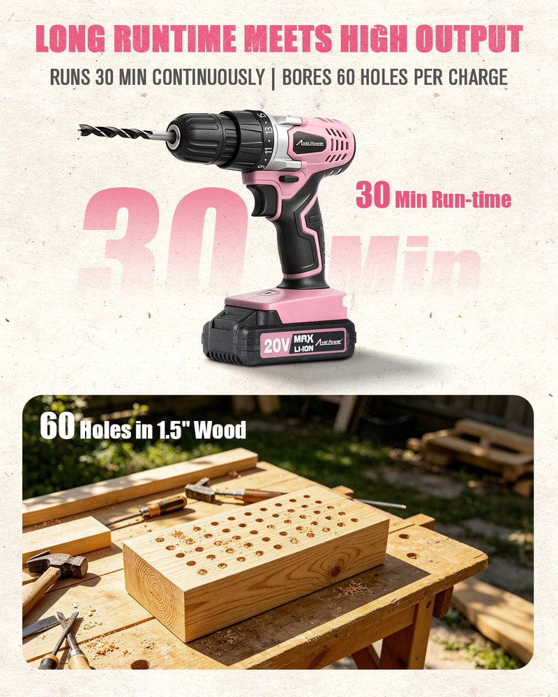 AVID POWER 20V Cordless Pink Power Drill Driver Set Lightweight for Women