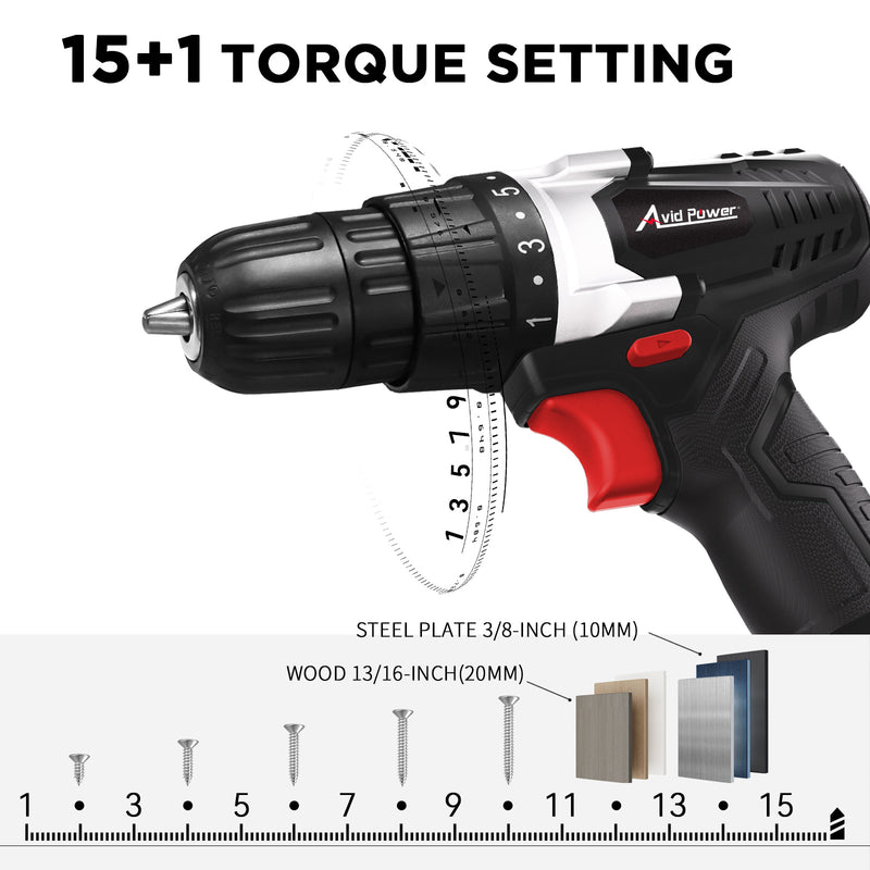 AVID POWER 20V Cordless Drill Set for Home DIY & Beginner Projects - Lightweight Power Drill with Battery & 22 Accessories, 3/8" Keyless Chuck, Ideal for Furniture Assembly & Household Repairs (Black)