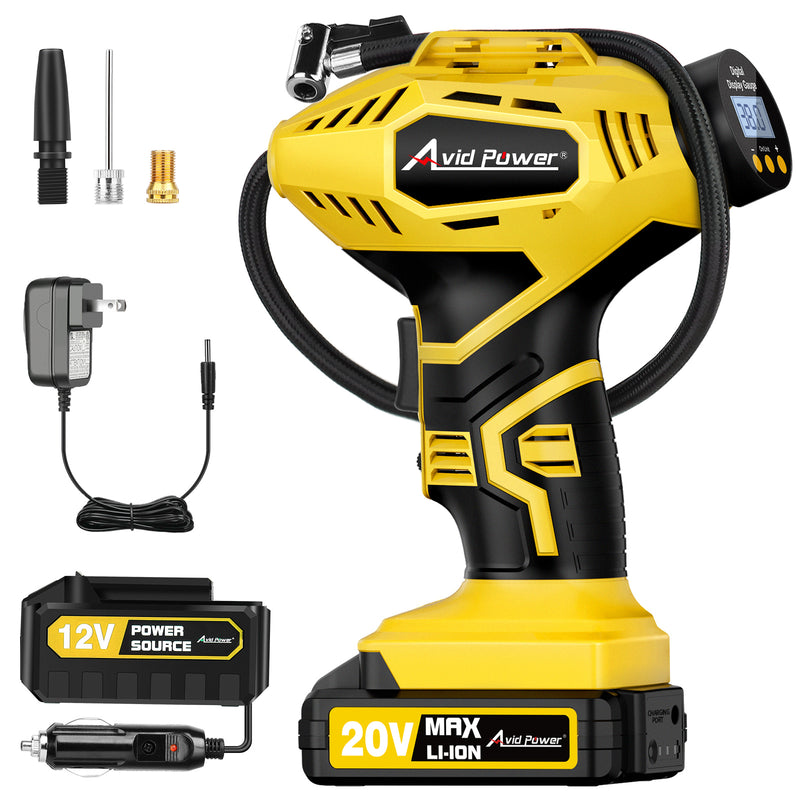 AVID POWER Cordless Tire Inflator Portable Air Compressor, 20V Rechargeable Battery Powered Car Tire Pump w/ 12V DC Adapter, Digital Pressure Gauge, Air Pump for Car, Bike, Motorcycle, Ball