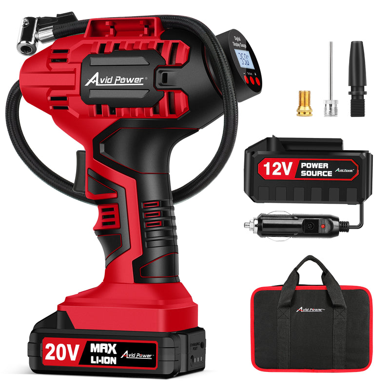 AVID POWER Cordless Tire Inflator Portable Air Compressor 20V Battery Pump, Auto Shut-Off, Rechargeable Battery & 12V DC Adapter, Digital Pressure Gauge, Fast Inflation for Car, Motorcycle, Bike, Ball