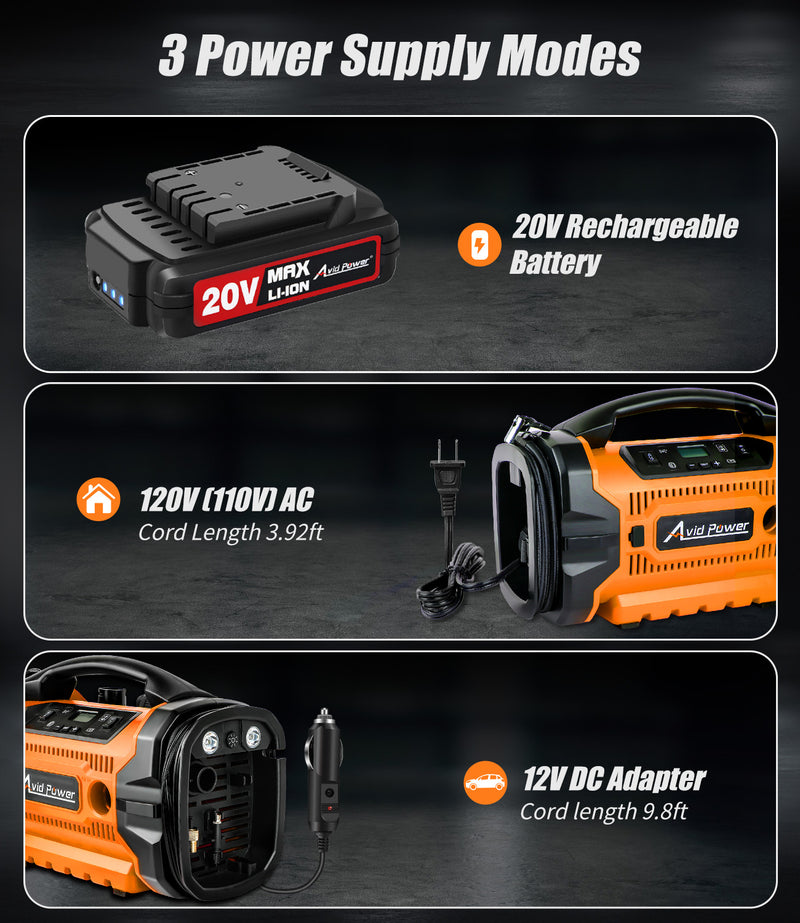 Avid Power Tire Inflator Portable Air compressor, Triple Power Source, Car Air Pump w/Inflation & Deflation Modes, Car Air Inflator w/Dual Powerful Motors (Orange)
