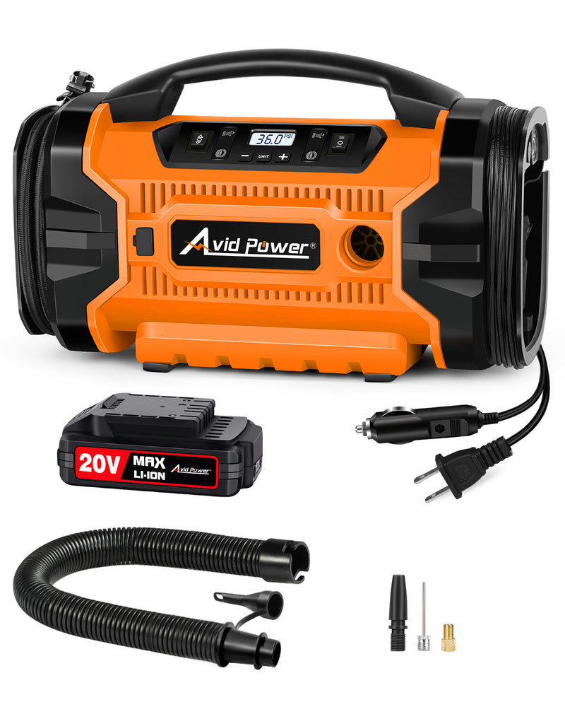 Avid Power Tire Inflator Portable Air compressor, Triple Power Source, Car Air Pump w/Inflation & Deflation Modes, Car Air Inflator w/Dual Powerful Motors (Orange)