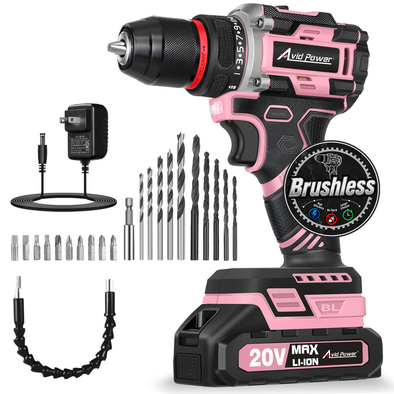 AVID POWER 20V Brushless PInk Cordless Drill Set 40Nm Power Drill for Women