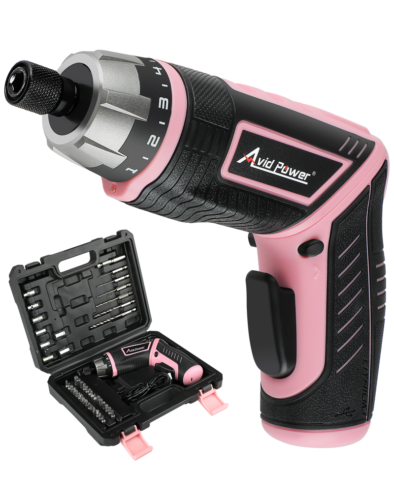 AVID POWER Electric Cordless Screwdriver Set Rechargeable 4V Power Screwdriver Kit with 44pcs Accessories, 5.65Nm Screw Gun, 5+1 Torque Setting, 2 Position Handle with LED Light - Pink Tools for Women