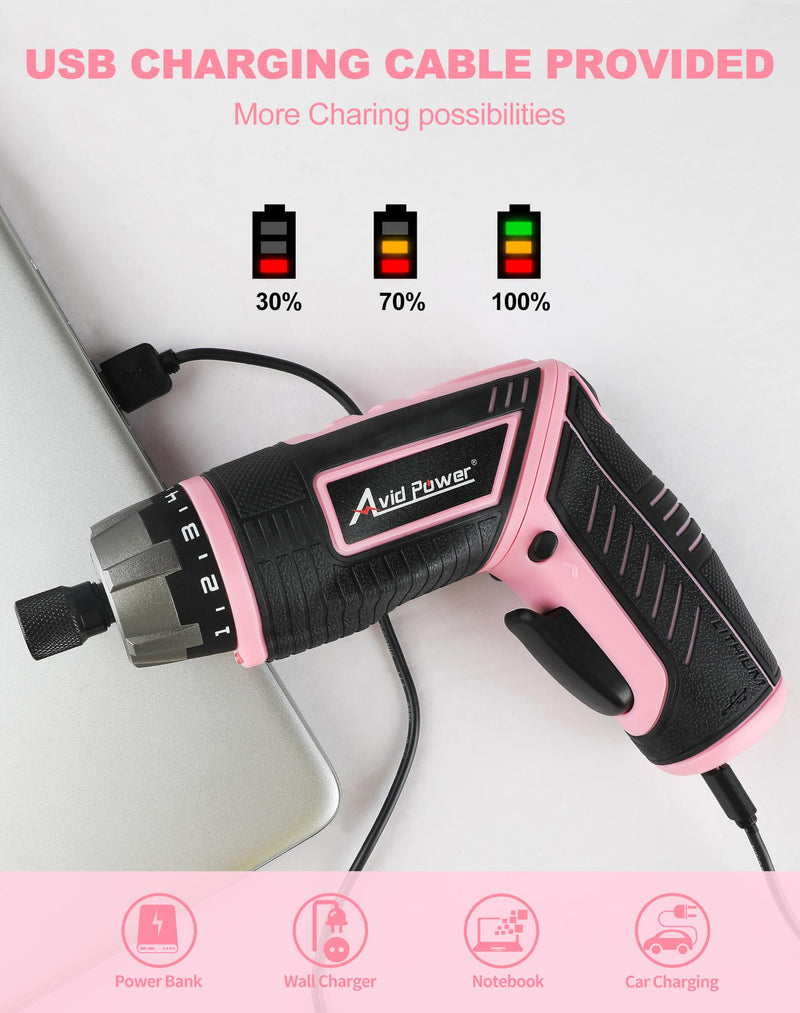 AVID POWER Electric Cordless Screwdriver Set Rechargeable 4V Power Screwdriver Kit with 44pcs Accessories, 5.65Nm Screw Gun, 5+1 Torque Setting, 2 Position Handle with LED Light - Pink Tools for Women