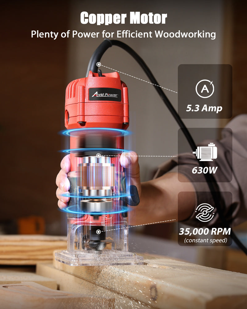 AVID POWER 630W 5.3 Amp Wood Router Tool with Fixed Base Compact Router for Woodworking, 35,000 RPM, 1/4” collet & 5 Trim Bits, Straight & Roller Guide, 2 Wrenches and Carbon Brushes