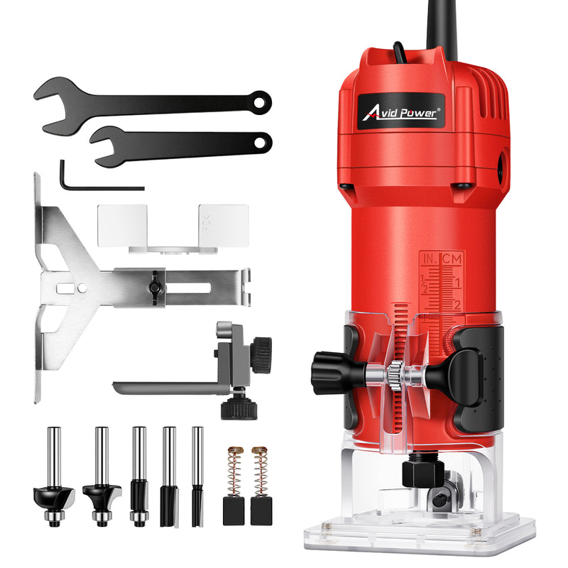 AVID POWER 630W 5.3 Amp Wood Router Tool with Fixed Base Compact Router for Woodworking, 35,000 RPM, 1/4” collet & 5 Trim Bits, Straight & Roller Guide, 2 Wrenches and Carbon Brushes
