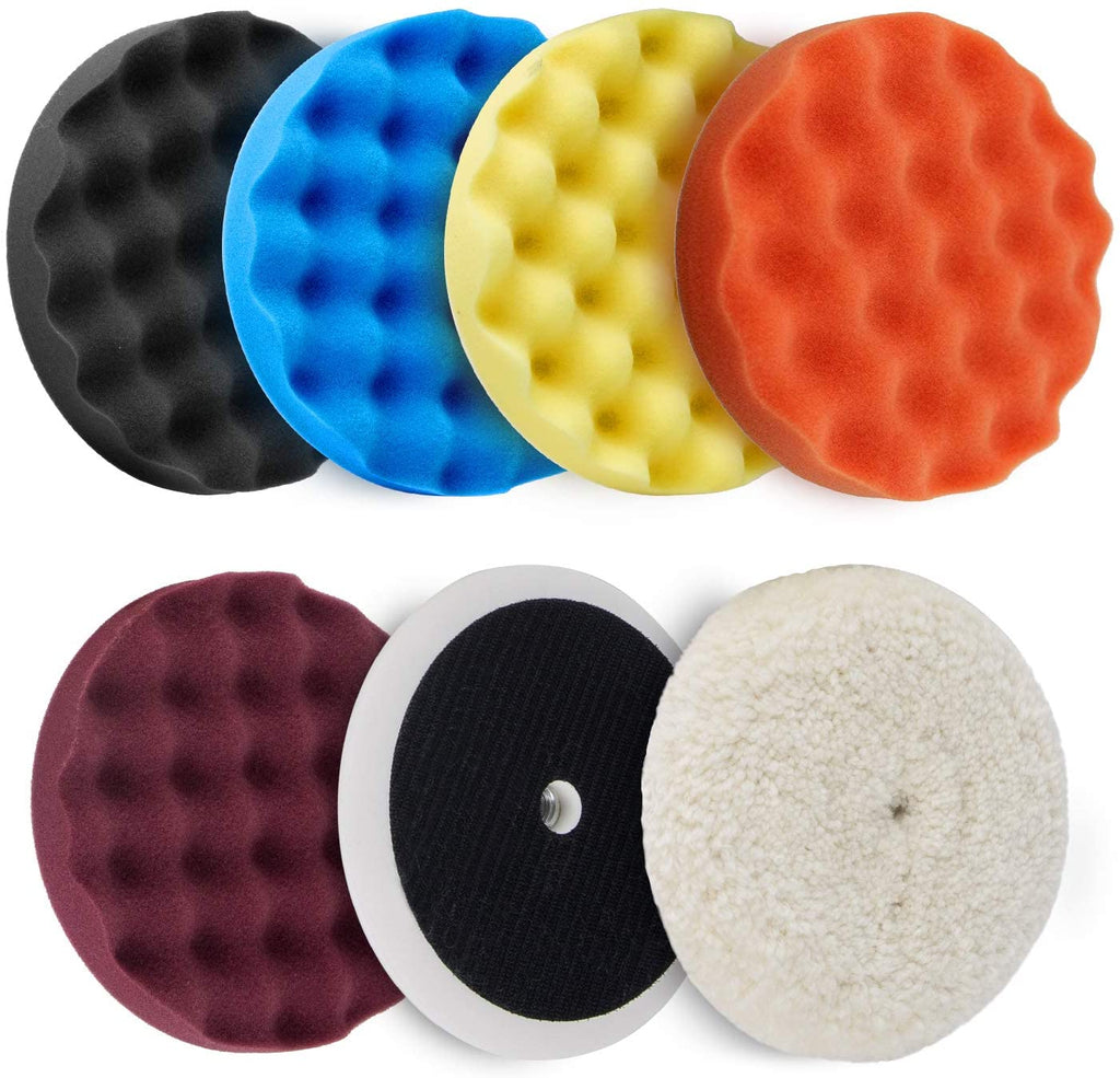 Avid Power 6 Pcs Buffing Pads Polishing Pads Kit with 8" Pads for Car Polisher Boat Polisher - 5Pcs 8'' Waffle Foam Pads, 1Pcs 7'' Wool Grip Pad and 1Pcs 5/8" Threaded Polisher Grip Backing Plate